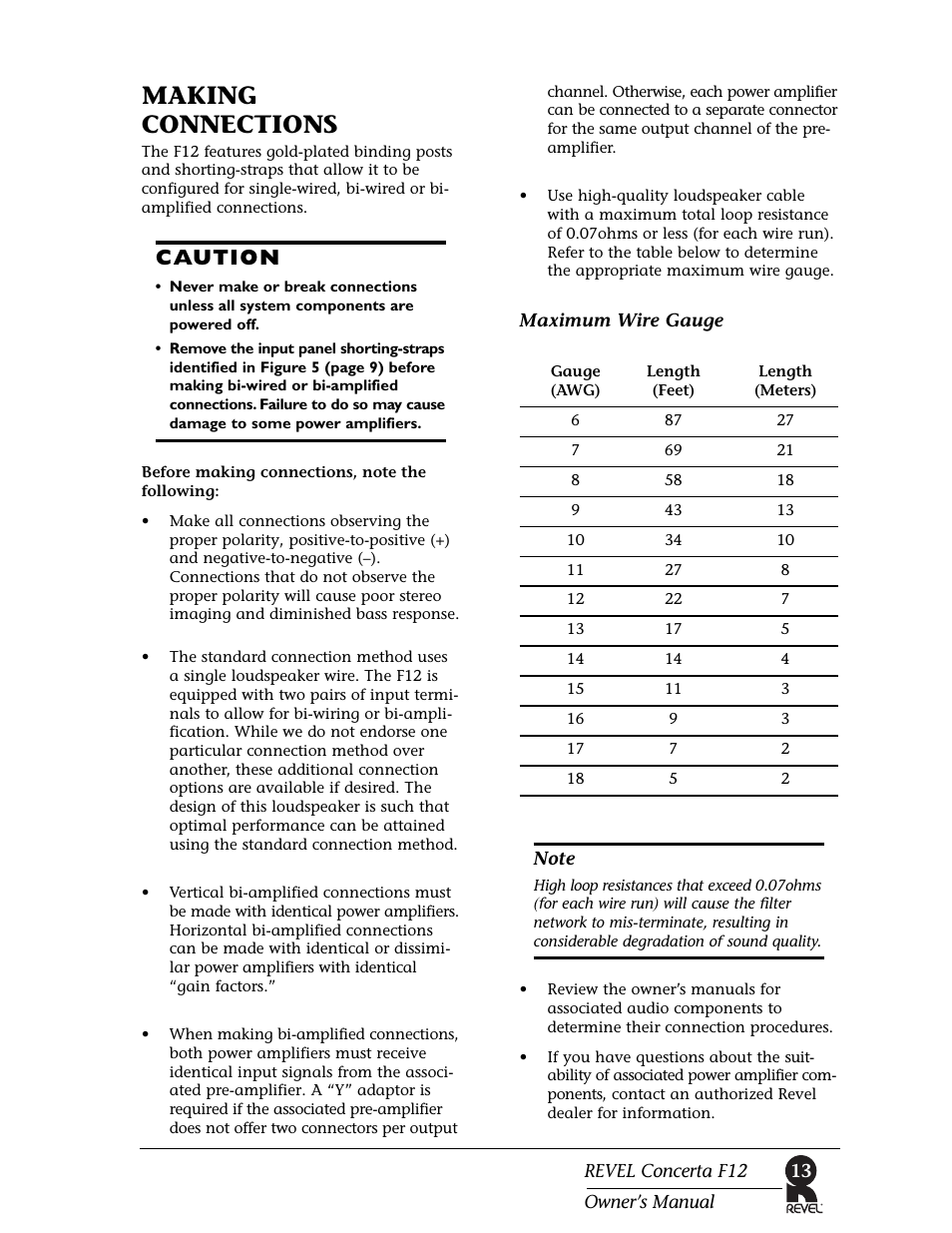 Making connections, Caution | Revel F12 User Manual | Page 13 / 22