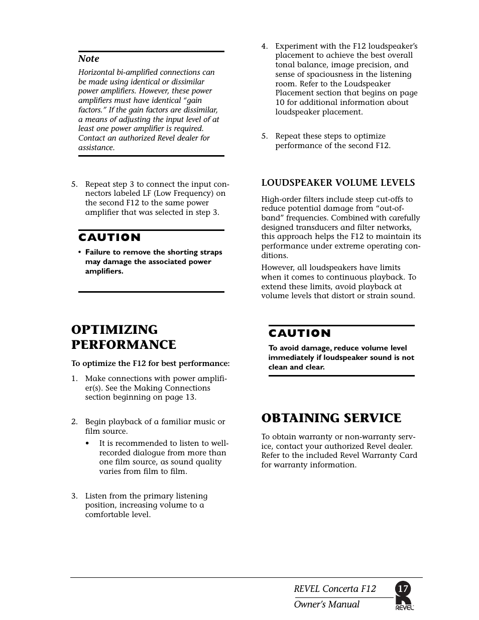 Optimizing performance, Obtaining service, Caution | Revel F12 User Manual | Page 17 / 22