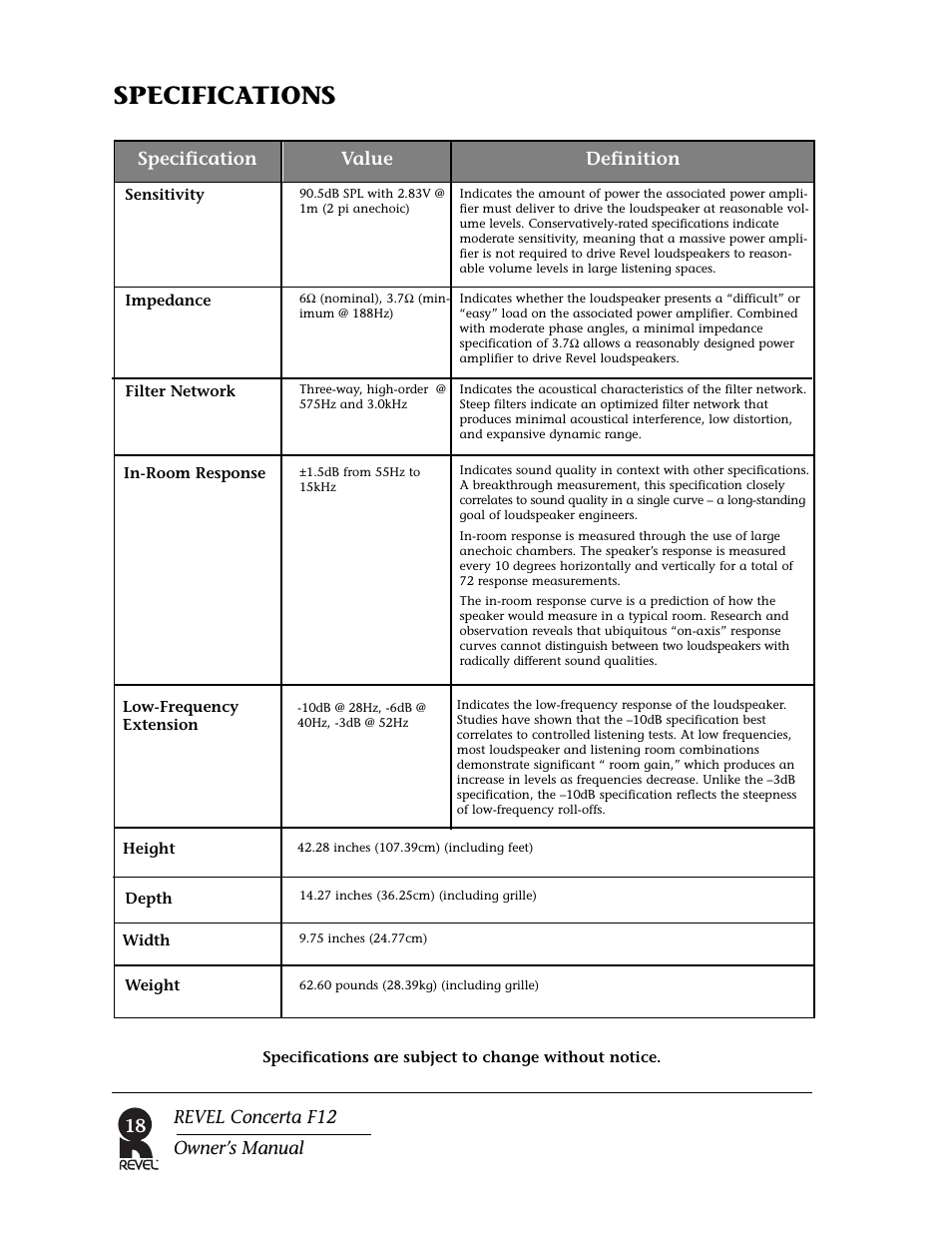 Specifications, Definition value specification 18, Revel concerta f12 owner’s manual | Revel F12 User Manual | Page 18 / 22