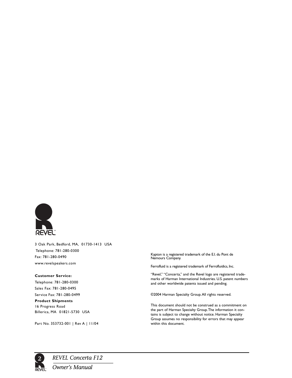 Revel concerta f12 owner’s manual | Revel F12 User Manual | Page 2 / 22