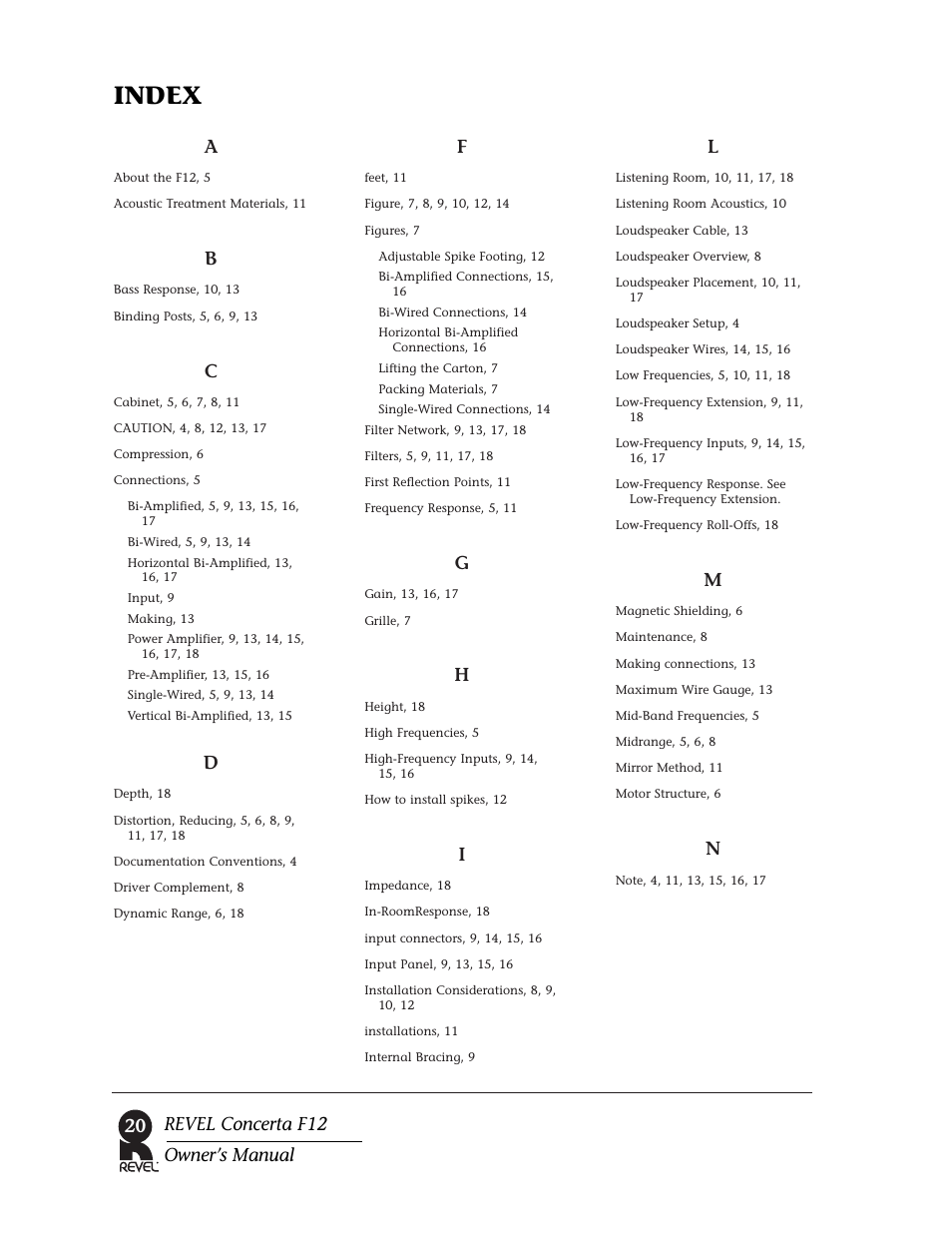 Index, Revel concerta f12 owner’s manual | Revel F12 User Manual | Page 20 / 22