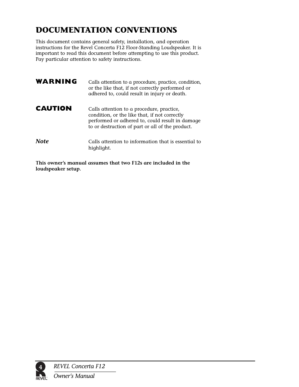Documentation conventions | Revel F12 User Manual | Page 4 / 22