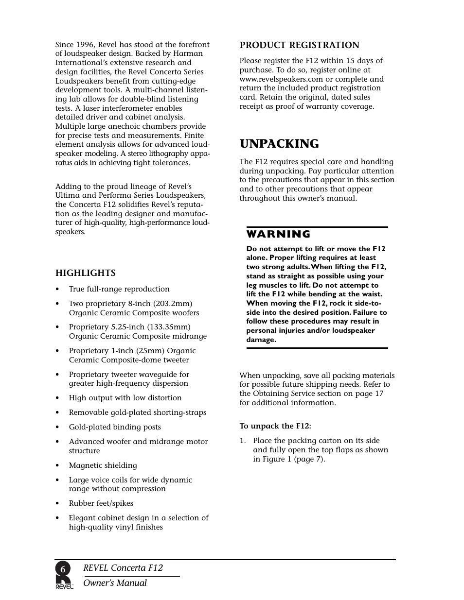 Unpacking, Warning | Revel F12 User Manual | Page 6 / 22