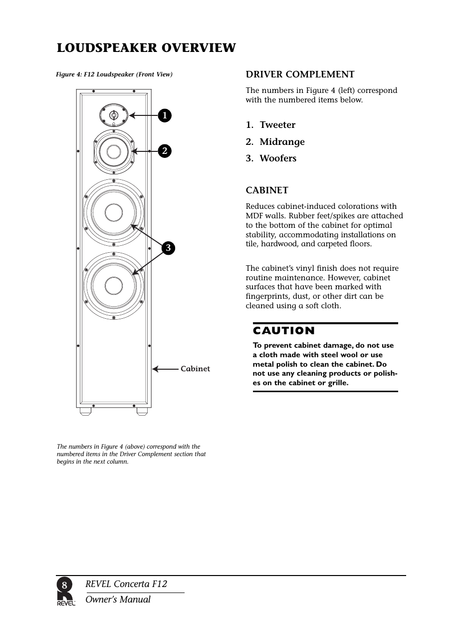 Loudspeaker overview, Caution | Revel F12 User Manual | Page 8 / 22