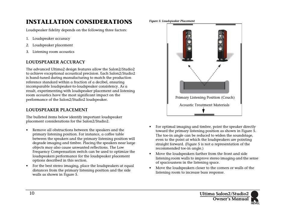 Installation considerations, Loudspeaker accuracy, Loudspeaker placement | Figure 5: loudspeaker placement, Loudspeaker accuracy loudspeaker placement | Revel Salon 2 User Manual | Page 12 / 30