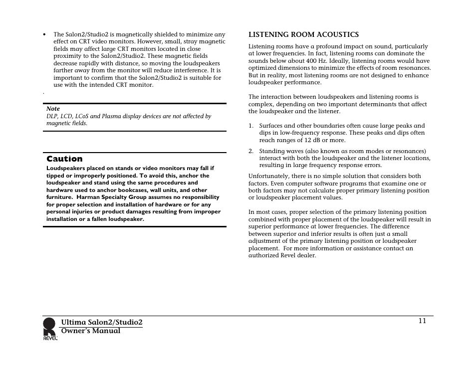 Listening room acoustics, Caution | Revel Salon 2 User Manual | Page 13 / 30