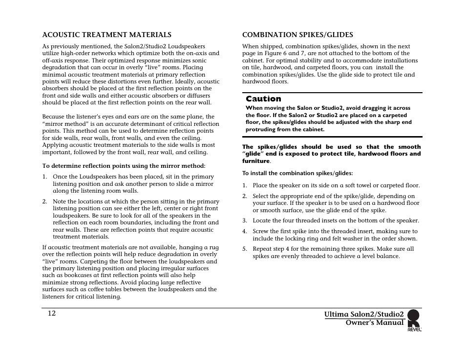 Acoustic treatment materials, Combination spikes/glides, Caution | Revel Salon 2 User Manual | Page 14 / 30