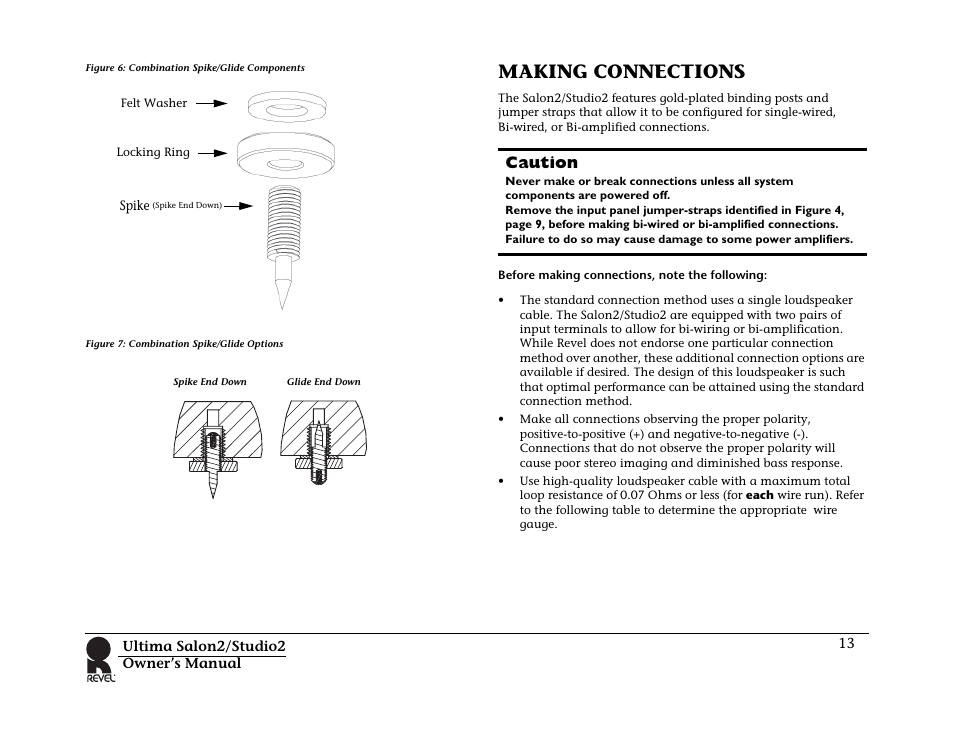 Figure 6: combination spike/glide components, Figure 7: combination spike/glide options, Making connections | Caution | Revel Salon 2 User Manual | Page 15 / 30