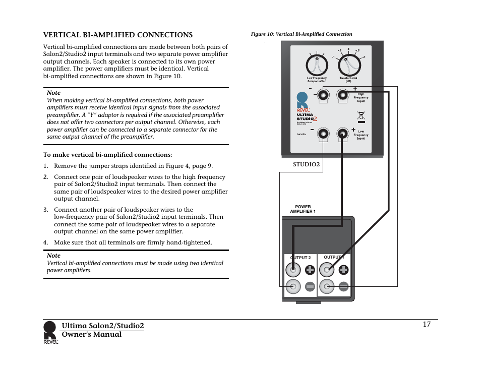 Vertical bi-amplified connections, Figure 10: vertical bi-amplified connection | Revel Salon 2 User Manual | Page 19 / 30