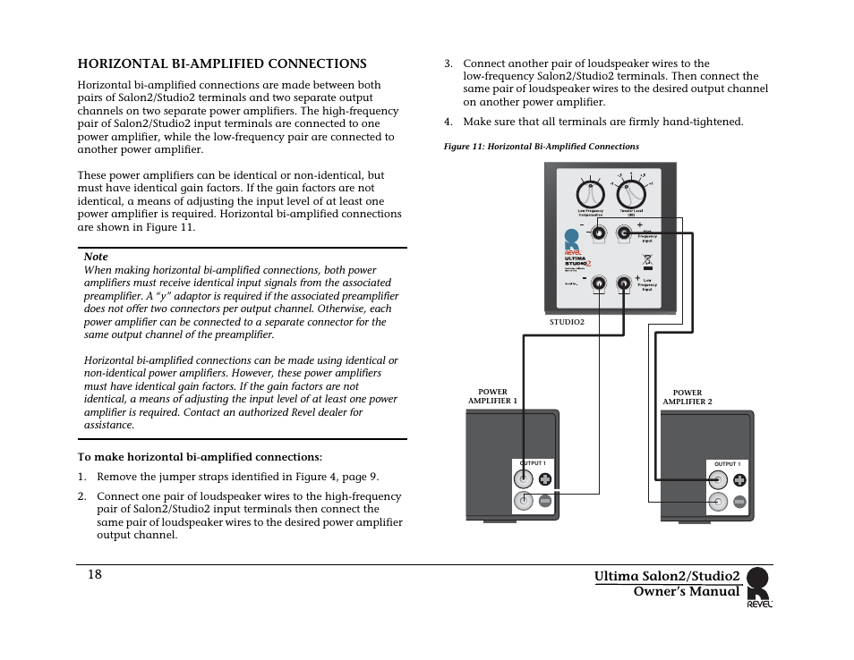 Horizontal bi-amplified connections, Figure 11: horizontal bi-amplified connections | Revel Salon 2 User Manual | Page 20 / 30