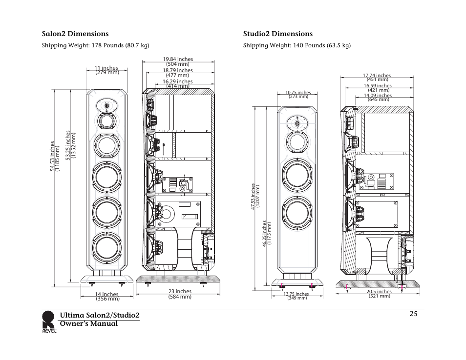 Salon2 dimensions, Studio2 dimensions, Salon2 dimensions studio2 dimensions | Revel Salon 2 User Manual | Page 27 / 30