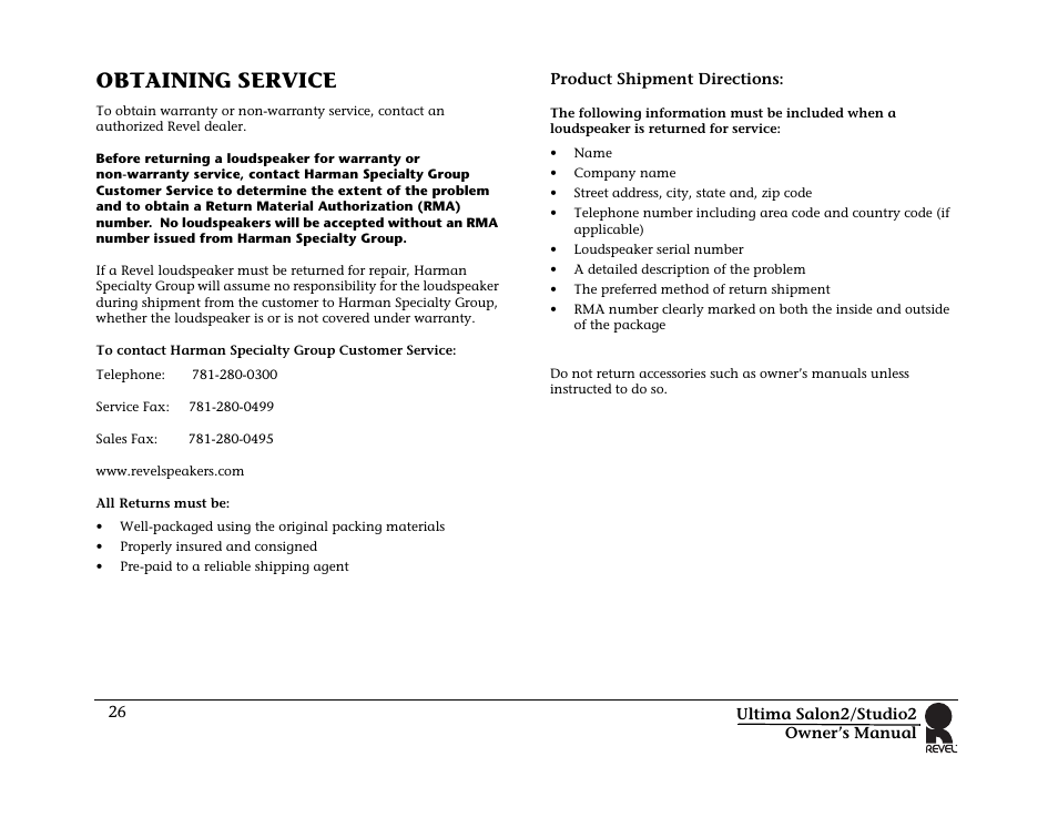 Obtaining service, Product shipment directions | Revel Salon 2 User Manual | Page 28 / 30