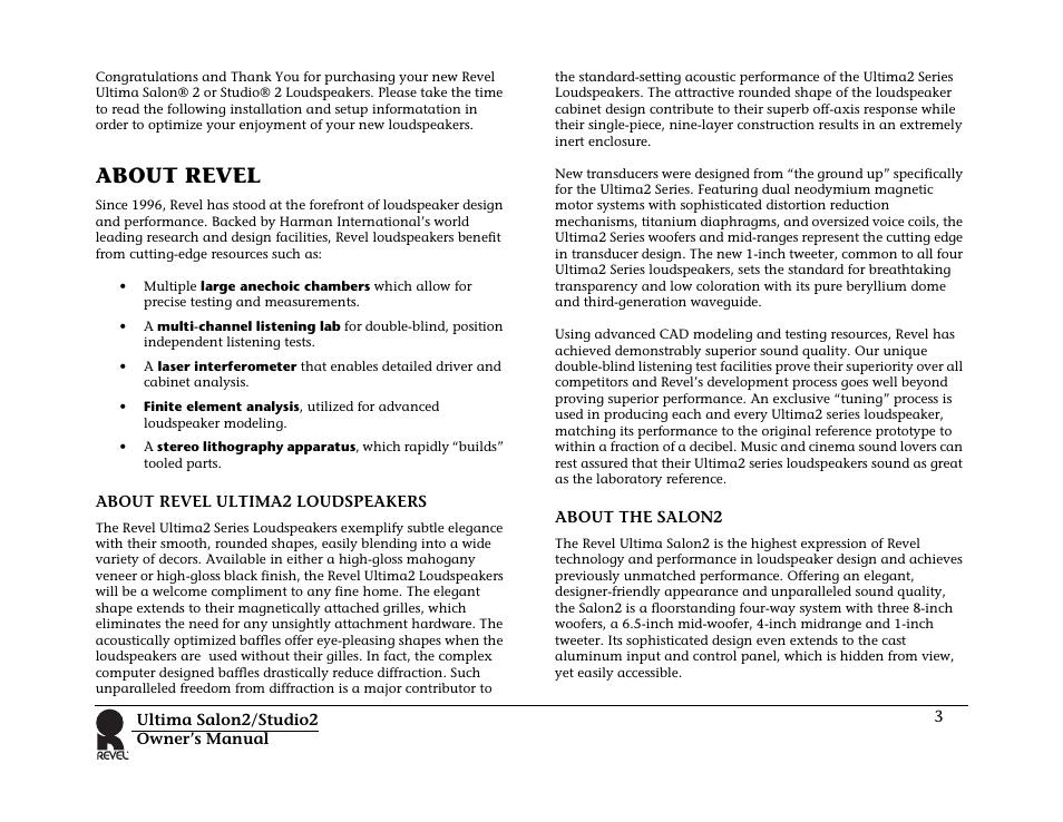 About revel, About revel ultima2 loudspeakers, About the salon2 | About revel ultima2 loudspeakers about the salon2 | Revel Salon 2 User Manual | Page 5 / 30