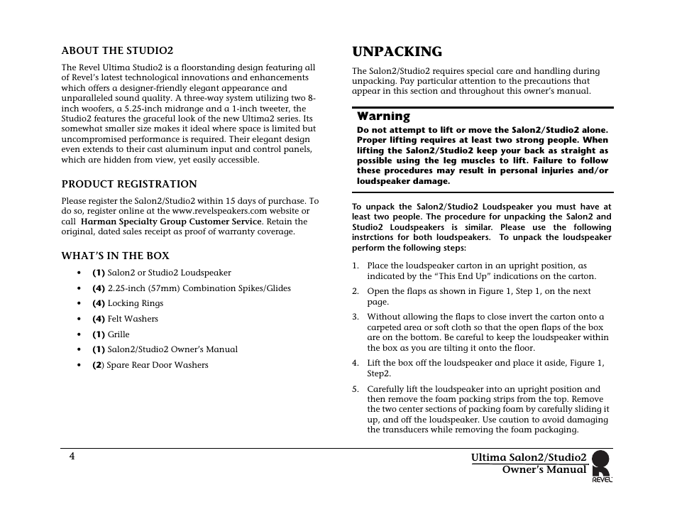 About the studio2, Product registration, What’s in the box | Unpacking, Warning | Revel Salon 2 User Manual | Page 6 / 30