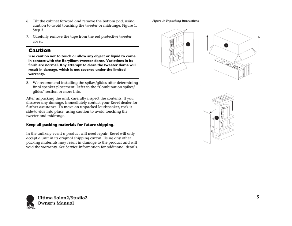 Figure 1: unpacking instructions, Caution | Revel Salon 2 User Manual | Page 7 / 30