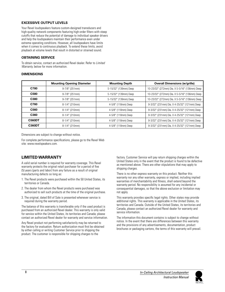 Limited warranty | Revel C560DT User Manual | Page 8 / 9