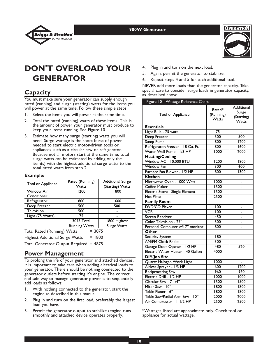 Don't overload your generator, Capacity, Power management | Briggs & Stratton 01532-2 User Manual | Page 10 / 60