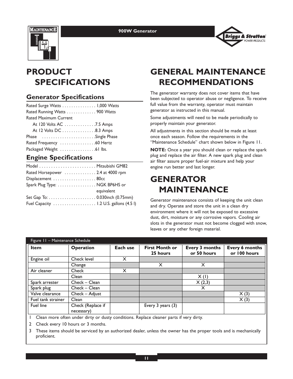 Product specifications, General maintenance recommendations, Generator maintenance | Generator specifications, Engine specifications | Briggs & Stratton 01532-2 User Manual | Page 11 / 60