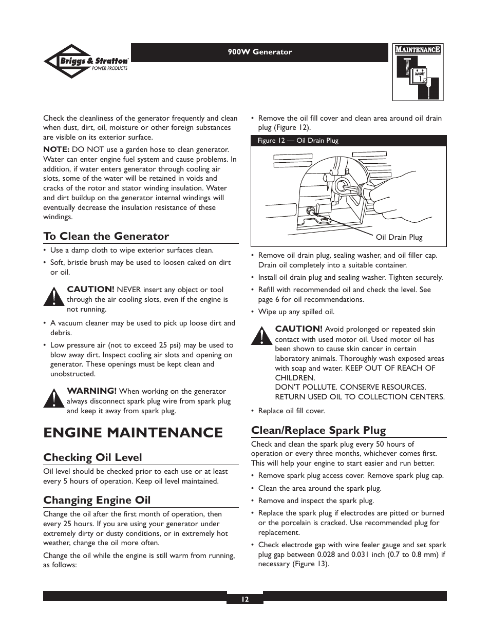 Engine maintenance, Checking oil level, Changing engine oil | Clean/replace spark plug | Briggs & Stratton 01532-2 User Manual | Page 12 / 60