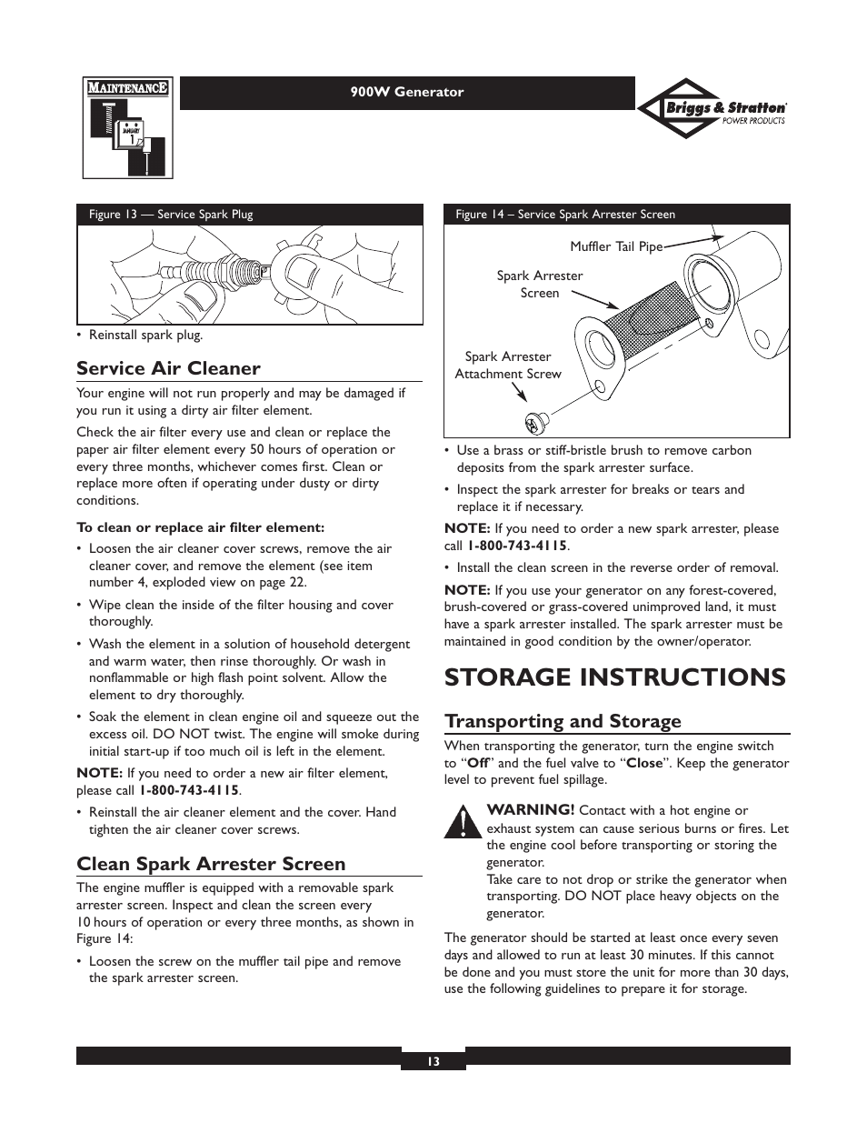 Storage instructions, Service air cleaner, Clean spark arrester screen | Transporting and storage | Briggs & Stratton 01532-2 User Manual | Page 13 / 60