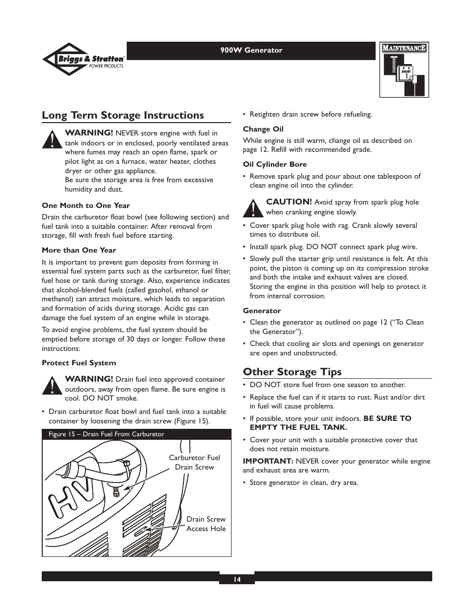 Long term storage instructions, Other storage tips | Briggs & Stratton 01532-2 User Manual | Page 14 / 60