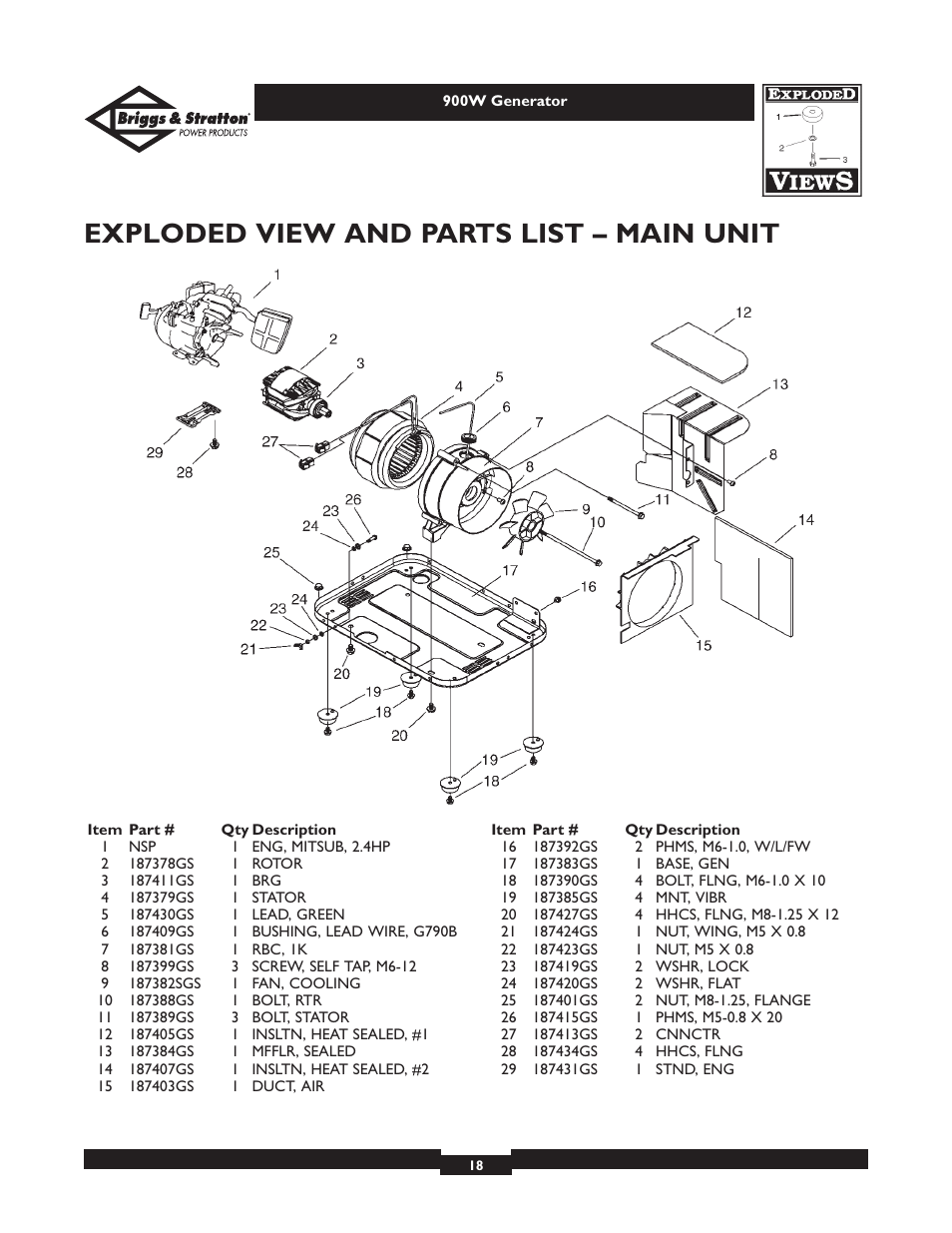 Exploded view and parts list – main unit | Briggs & Stratton 01532-2 User Manual | Page 18 / 60