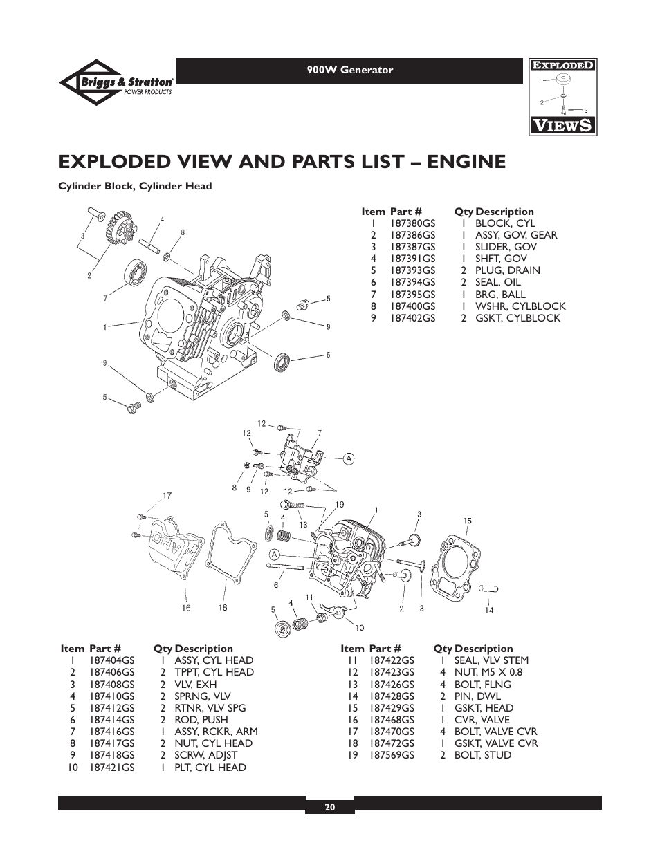 Exploded view and parts list – engine | Briggs & Stratton 01532-2 User Manual | Page 20 / 60