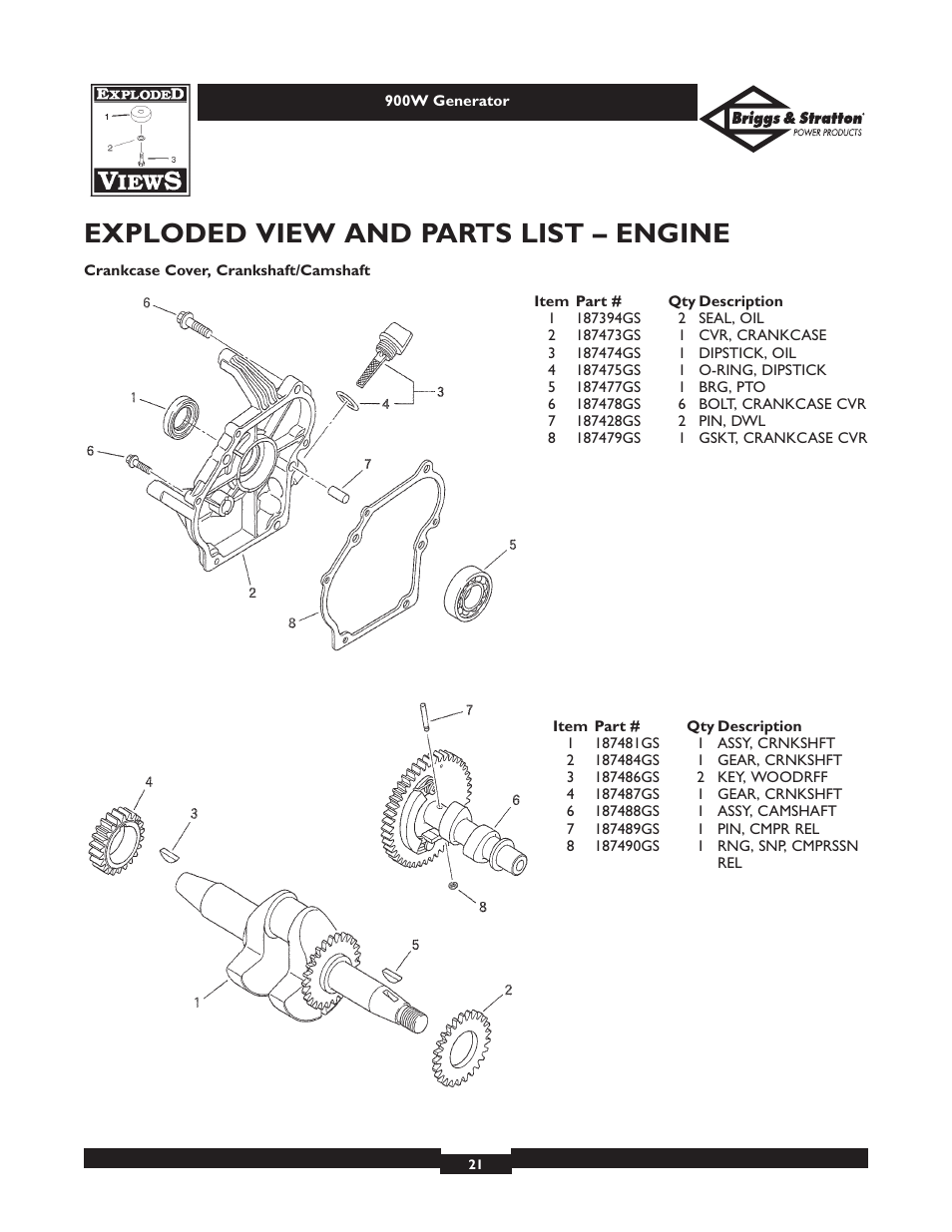 Exploded view and parts list – engine | Briggs & Stratton 01532-2 User Manual | Page 21 / 60