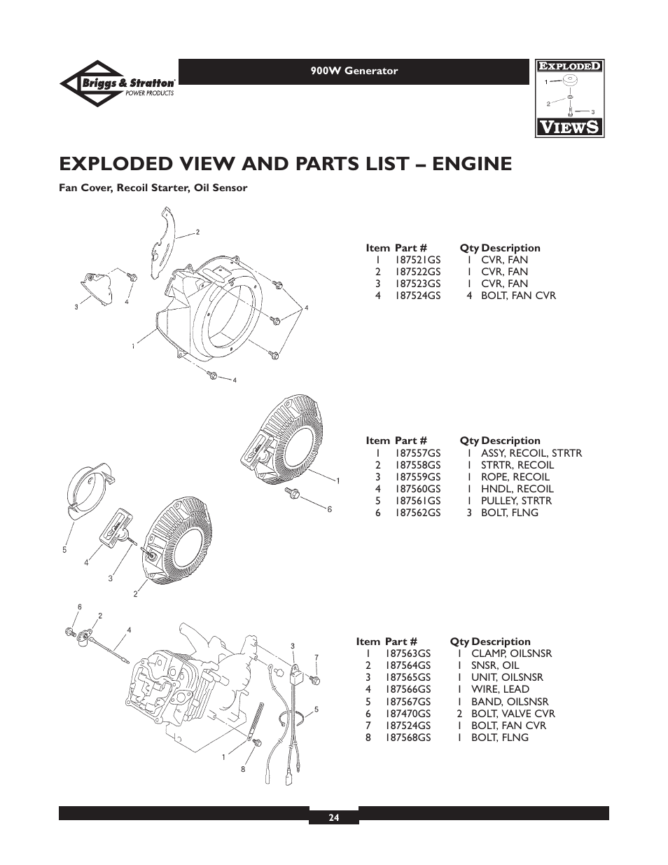Exploded view and parts list – engine | Briggs & Stratton 01532-2 User Manual | Page 24 / 60