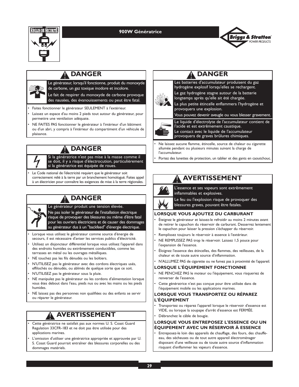 Danger, Avertissement | Briggs & Stratton 01532-2 User Manual | Page 29 / 60