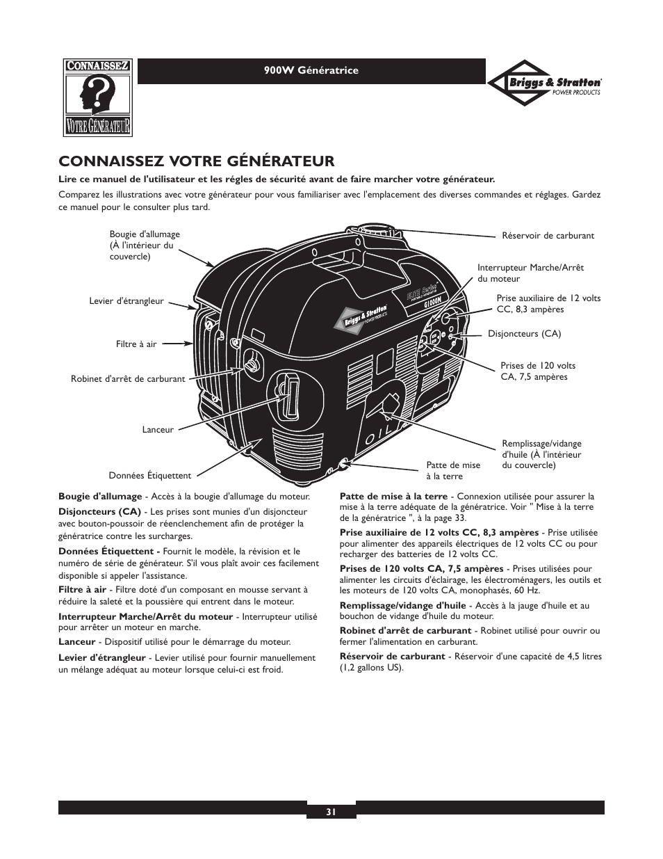 Connaissez votre générateur | Briggs & Stratton 01532-2 User Manual | Page 31 / 60