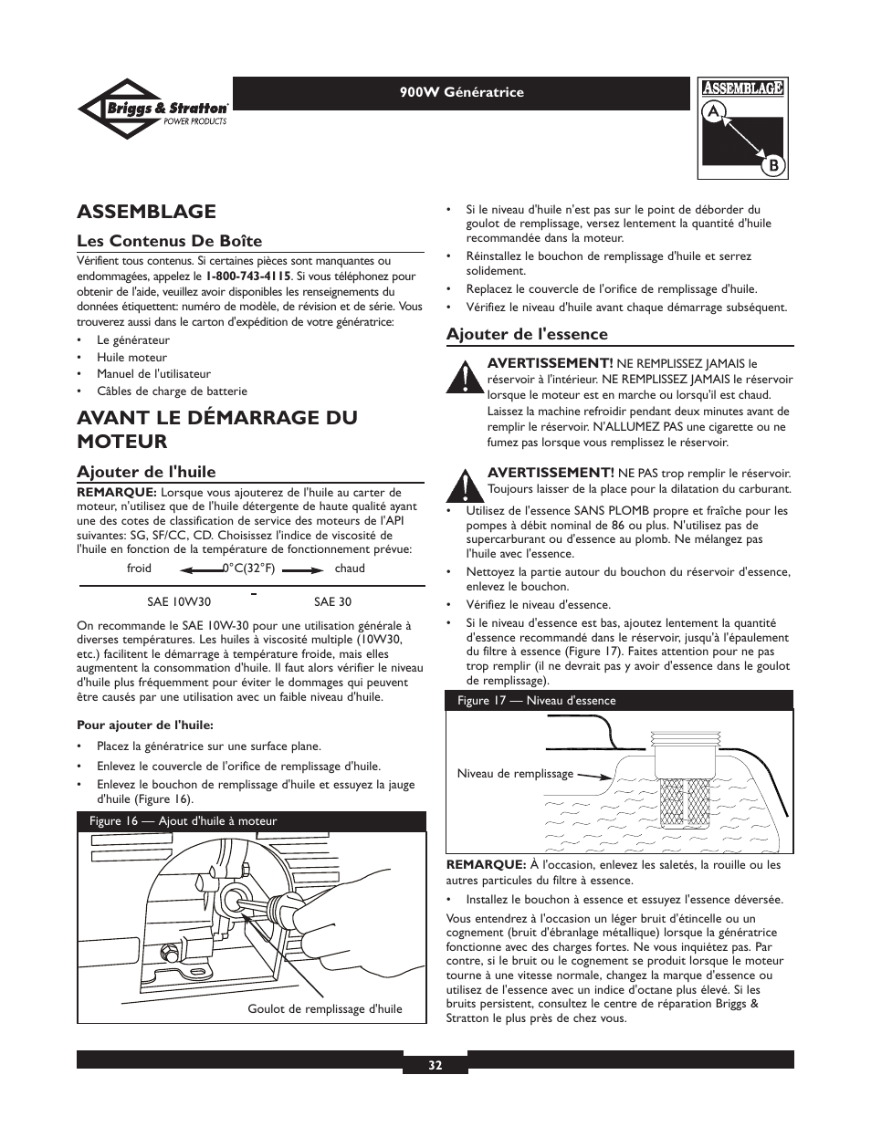Assemblage, Avant le démarrage du moteur, Les contenus de boîte | Ajouter de l'huile, Ajouter de l'essence | Briggs & Stratton 01532-2 User Manual | Page 32 / 60