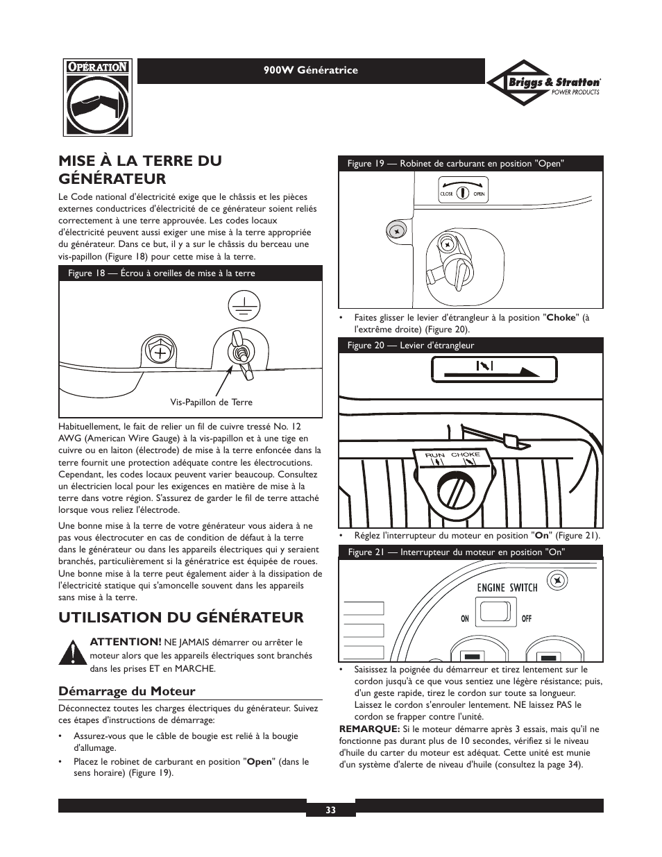 Mise à la terre du générateur, Utilisation du générateur | Briggs & Stratton 01532-2 User Manual | Page 33 / 60