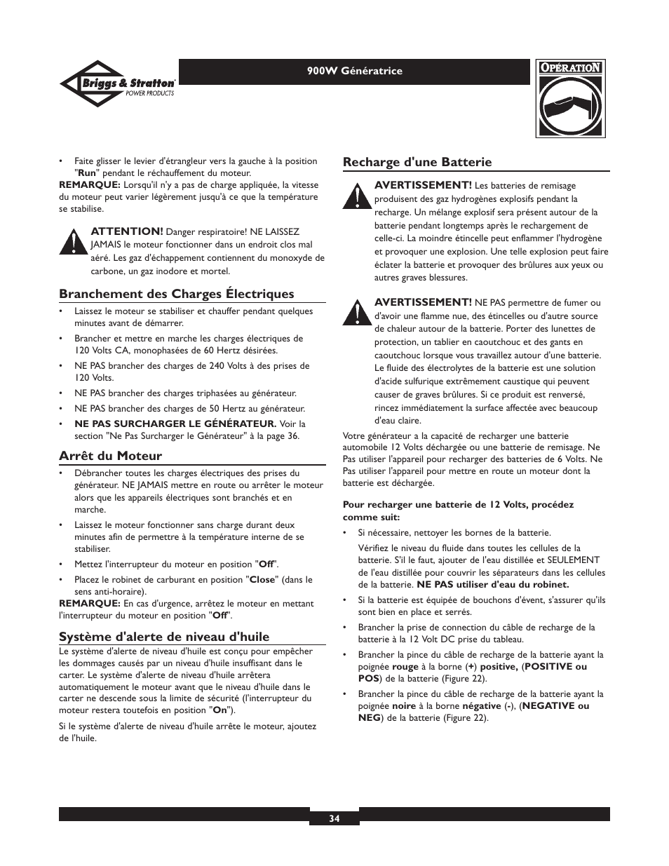 Branchement des charges électriques, Arrêt du moteur, Système d'alerte de niveau d'huile | Recharge d'une batterie | Briggs & Stratton 01532-2 User Manual | Page 34 / 60