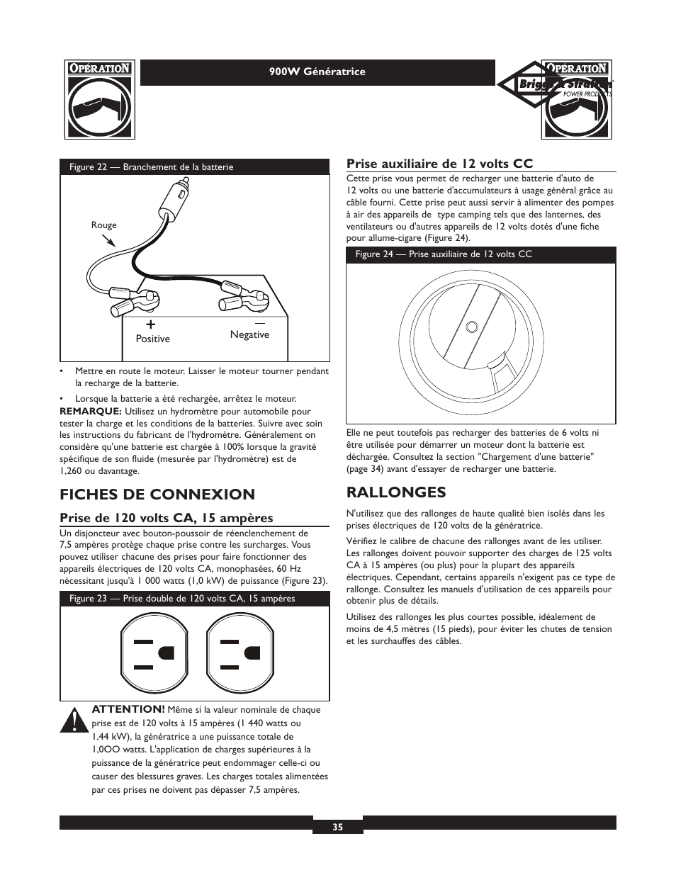 Fiches de connexion, Rallonges | Briggs & Stratton 01532-2 User Manual | Page 35 / 60