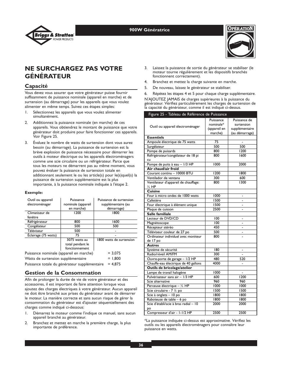 Ne surchargez pas votre générateur, Capacité, Gestion de la consommation | Briggs & Stratton 01532-2 User Manual | Page 36 / 60