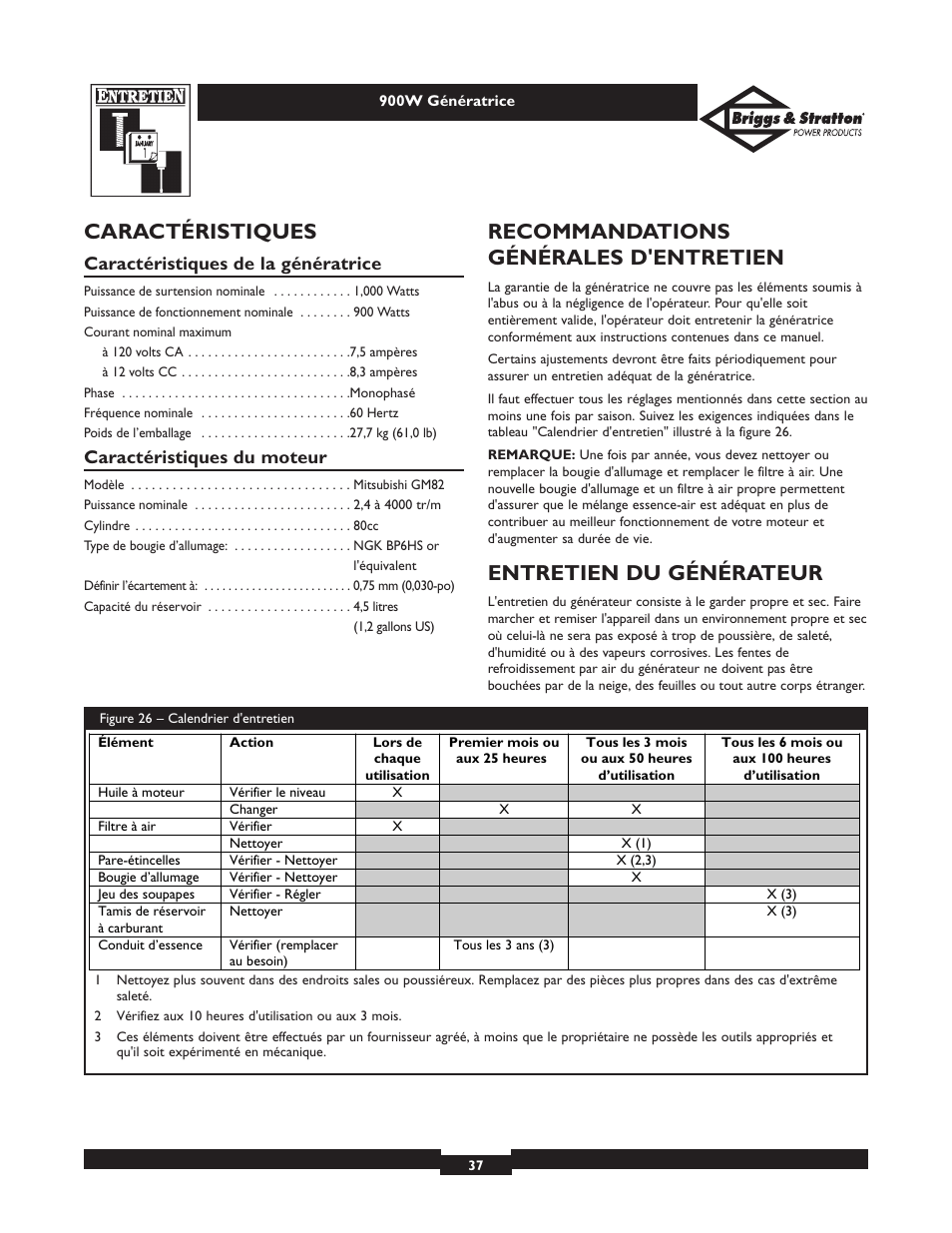 Caractéristiques, Recommandations générales d'entretien, Entretien du générateur | Caractéristiques de la génératrice, Caractéristiques du moteur | Briggs & Stratton 01532-2 User Manual | Page 37 / 60