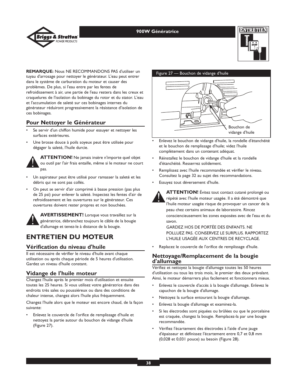 Entretien du moteur, Pour nettoyer le générateur, Vérification du niveau d'huile | Vidange de l'huile moteur, Nettoyage/remplacement de la bougie d'allumage | Briggs & Stratton 01532-2 User Manual | Page 38 / 60