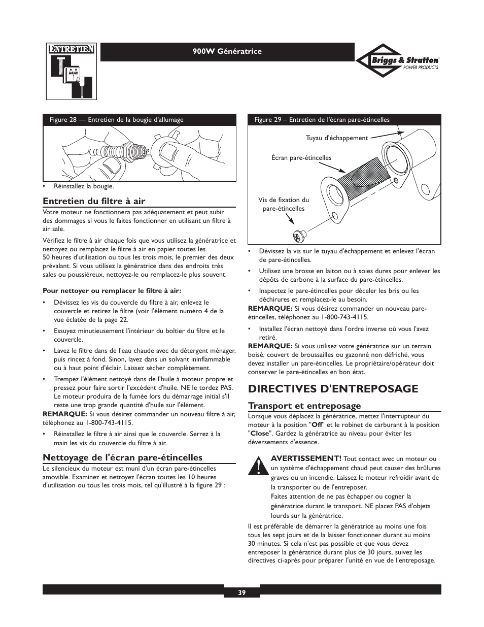 Directives d'entreposage, Entretien du filtre à air, Nettoyage de l'écran pare-étincelles | Transport et entreposage | Briggs & Stratton 01532-2 User Manual | Page 39 / 60