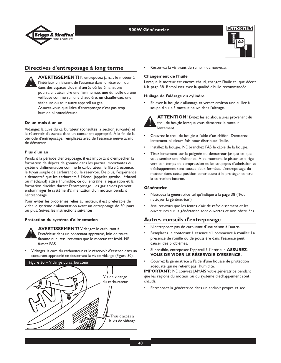 Directives d'entreposage à long terme, Autres conseils d'entreposage | Briggs & Stratton 01532-2 User Manual | Page 40 / 60