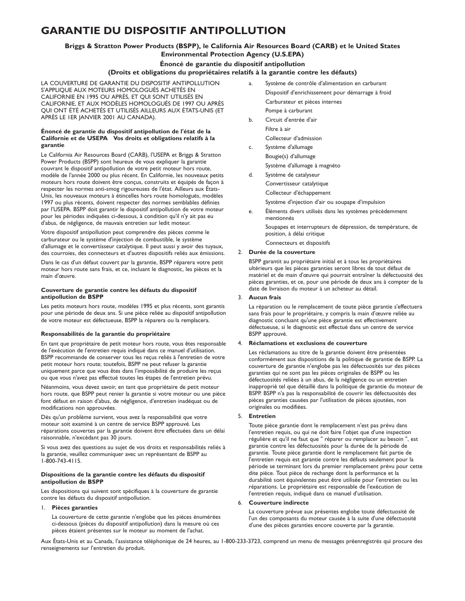 Garantie du dispositif antipollution | Briggs & Stratton 01532-2 User Manual | Page 42 / 60