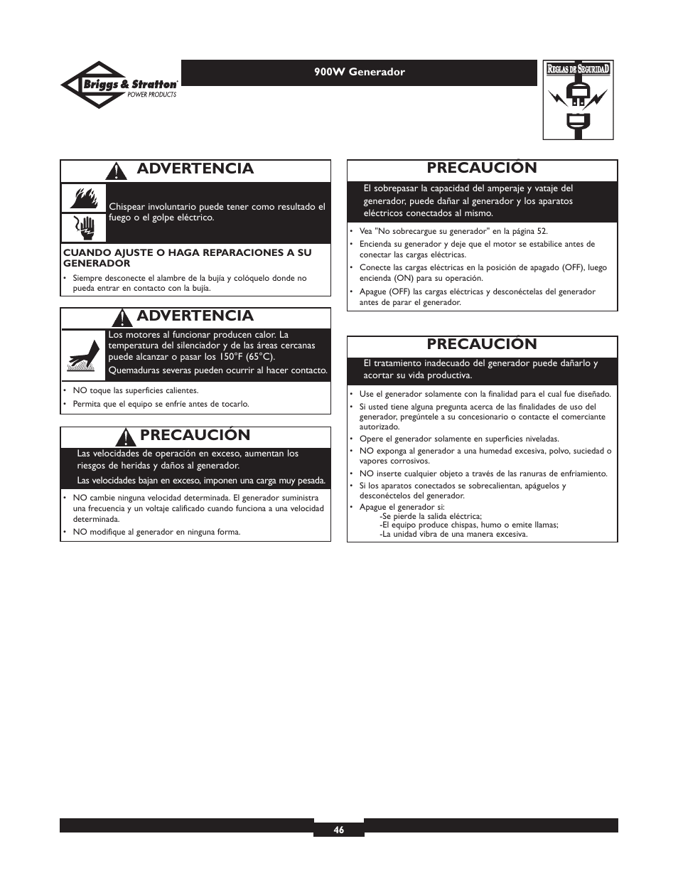 Advertencia, Precaución | Briggs & Stratton 01532-2 User Manual | Page 46 / 60