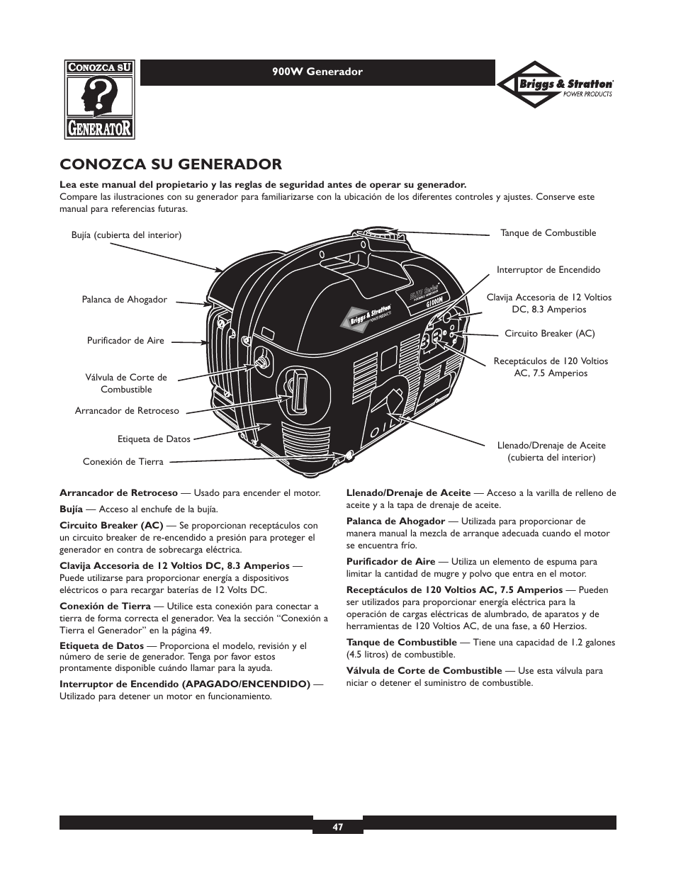 Conozca su generador | Briggs & Stratton 01532-2 User Manual | Page 47 / 60
