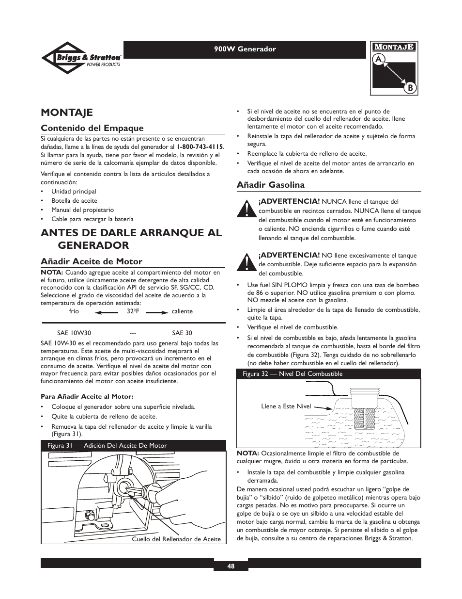 Montaje, Antes de darle arranque al generador | Briggs & Stratton 01532-2 User Manual | Page 48 / 60