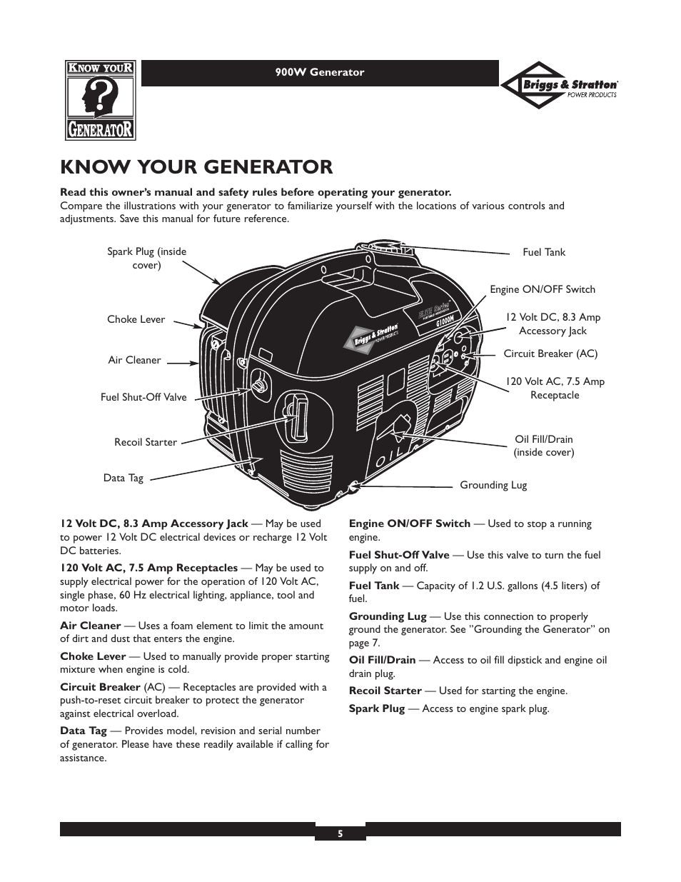 Know your generator | Briggs & Stratton 01532-2 User Manual | Page 5 / 60