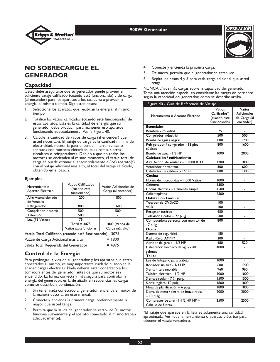 No sobrecargue el generador, Capacidad, Control de la energía | Briggs & Stratton 01532-2 User Manual | Page 52 / 60