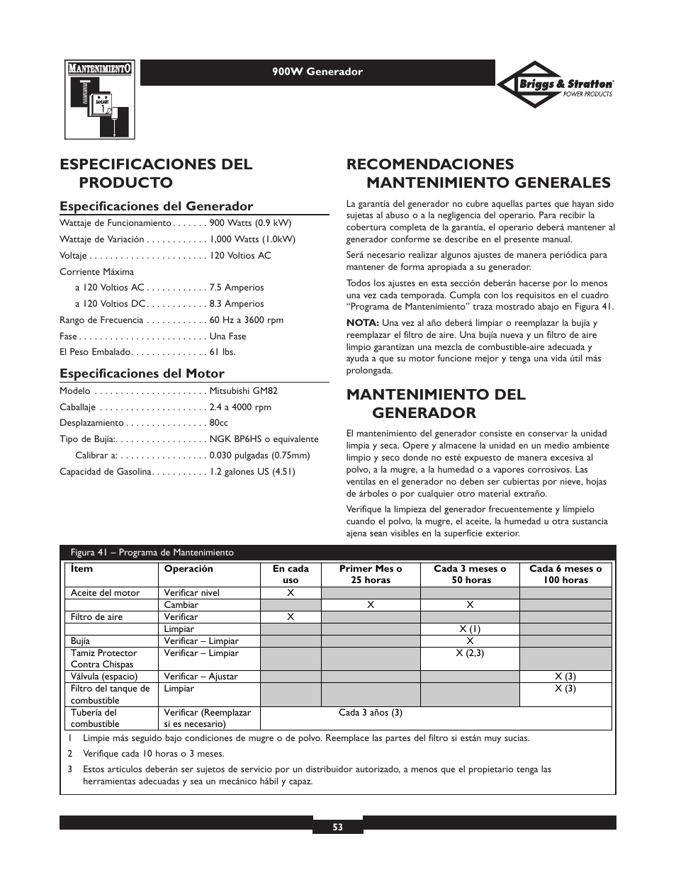 Especificaciones del producto, Recomendaciones mantenimiento generales, Mantenimiento del generador | Especificaciones del generador, Especificaciones del motor | Briggs & Stratton 01532-2 User Manual | Page 53 / 60