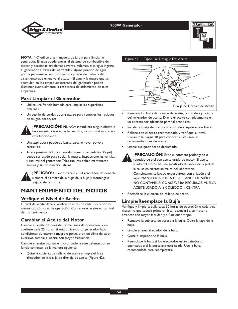 Mantenimiento del motor, Para limpiar el generador, Verfique el nivel de aceite | Cambiar el aceite del motor, Limpie/reemplace la bujía | Briggs & Stratton 01532-2 User Manual | Page 54 / 60