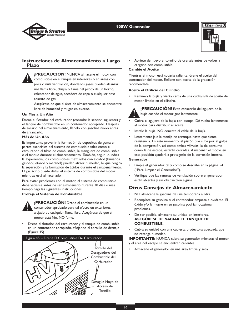 Instrucciones de almacenamiento a largo plazo, Otros consejos de almacenamiento | Briggs & Stratton 01532-2 User Manual | Page 56 / 60