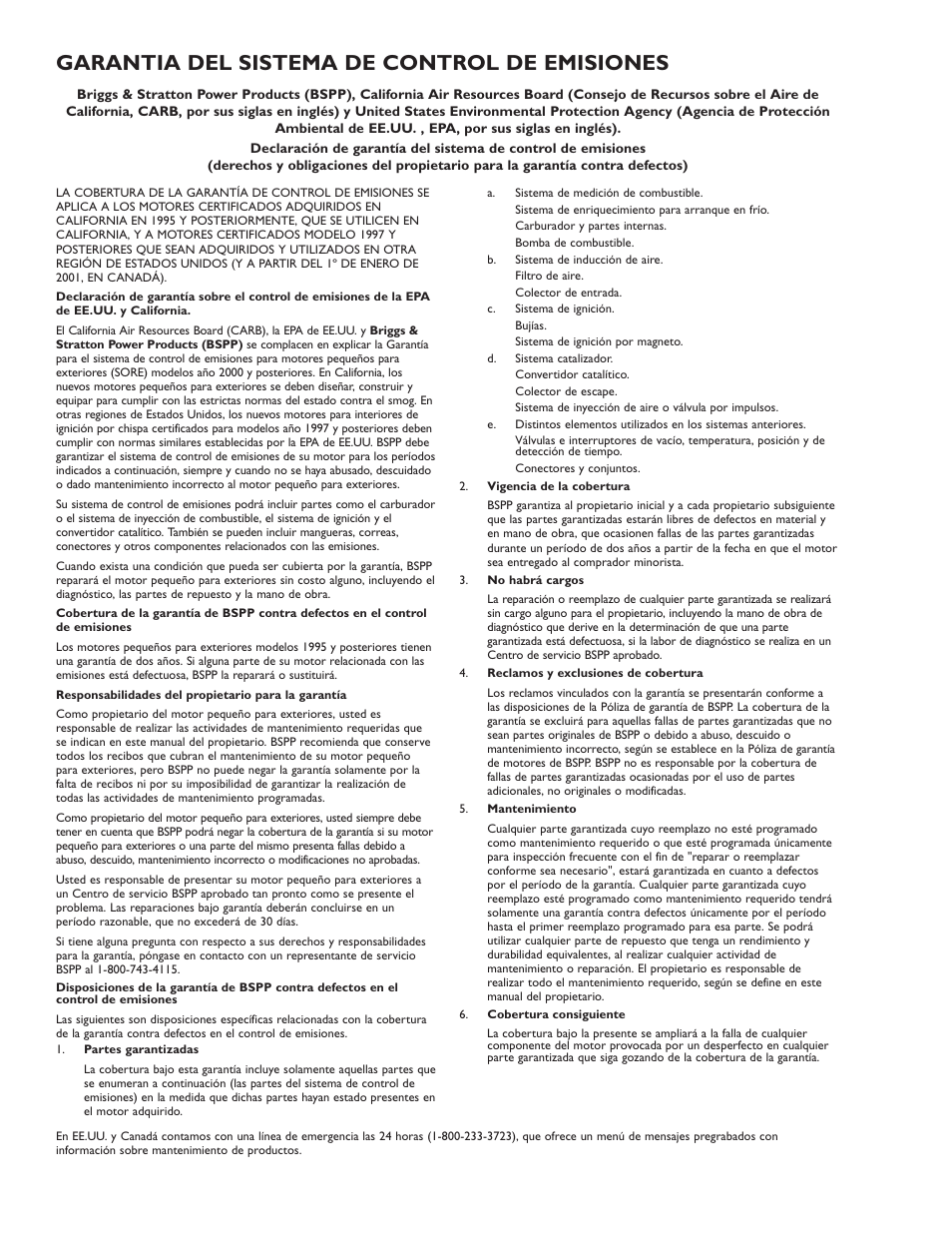 Garantia del sistema de control de emisiones | Briggs & Stratton 01532-2 User Manual | Page 59 / 60
